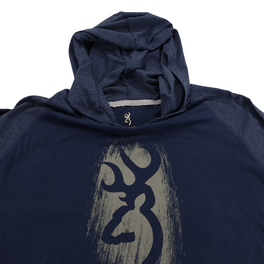 Browning Mens XL Navy Blue Heathered Buckmark Logo Raglan Long Sleeve Hoodie Tee